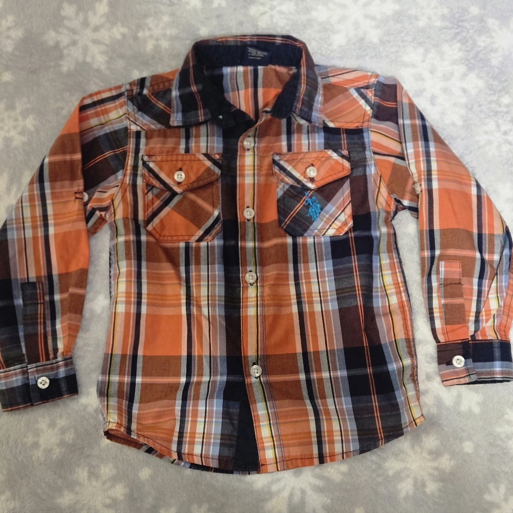U.S.POLO ASSN Boys' Long Sleeve Plaid Shirt Orange Size 4T